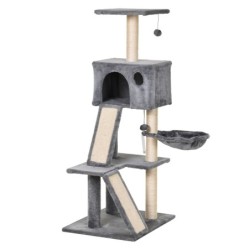 PawHut Katzenklettergerüst Kratzbaum mit Sisalpfosten, Katzenklettergestell Kletterbaum für Katzen Sisalseil Katzenspielzeug,