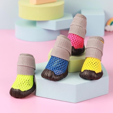 Haustierschuhe für kleine Hunde, Frühling und Sommer, ausgehöhlt, atmungsaktiv, elastisch, weich, haftend, nicht auszuziehen,