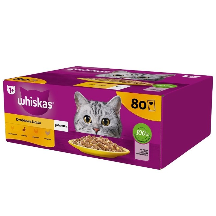 WHISKAS Adult 80x85g Nass-Alleinfuttermittel für ausgewachsene Katzen in Gelee-Stücken mit Huhn, Ente, Geflügel, Pute