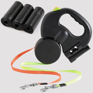 HAKONA Teleskop-Doppelleine für Hunde, 2 Hunde und Katzen, 3 m, ausziehbar, mit LED-Leine, für große, mittelgroße und kleine