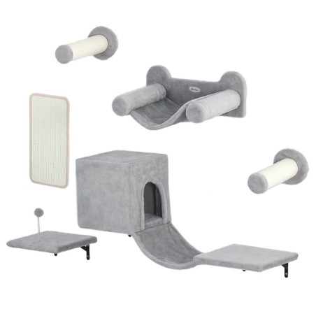PwaHut Kletterwand Katzen 6-teilig Katzen Kletterwand Set mit Katzenhaus, Hängematte, Plattform, Kratzbaum mit Kratzbrett, Pl