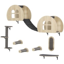 PwaHut Kletterwand Katzen 7-teilig Katzen Kletterwand Set mit Sisalpfostenleiter, Plattform, Kratzbaum mit Kratzbrett, Höhle,