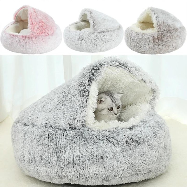 Winter-Katzenbett aus Plüsch, rundes Katzenkissen, Katzenhaus, 2-in-1, warmer Katzenkorb, Haustier-Schlafsack, Kätzchennest,