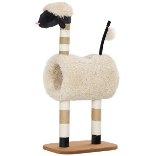 PawHut Kratzbaum 98 cm Katzenbaum mit Kratzpfosten, Tunnel, Spielball, Katzenkratzbaum im Schaf-Design, für Katzen bis 5 kg,