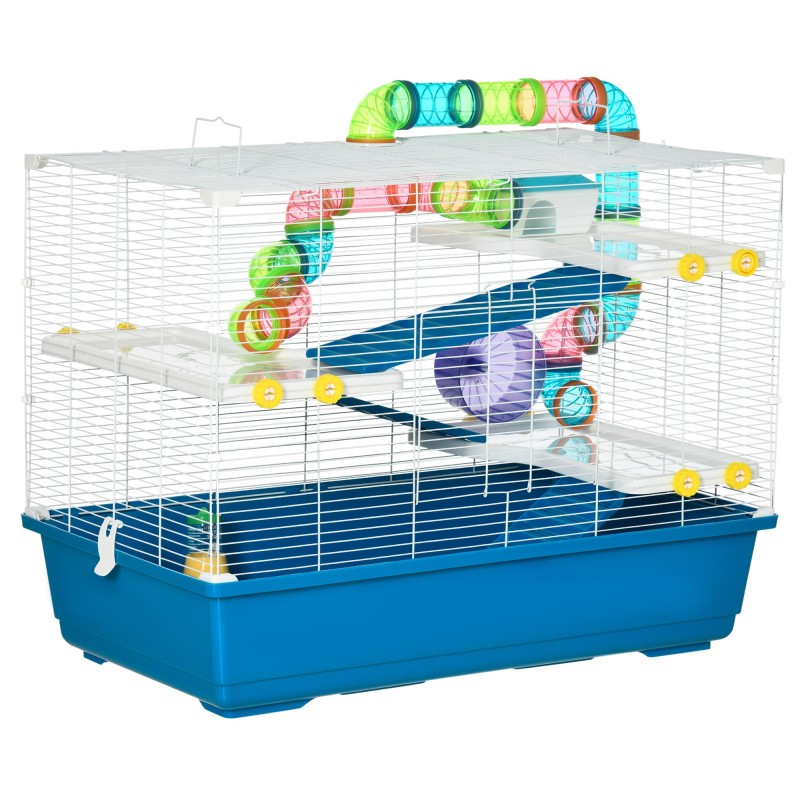 PawHut Nagerkäfig Kleintierkäfig mit Röhrensystem 79x46x60cm in Blau und Weiß, ideal für Hamster und Meerschweinchen   Aosom.