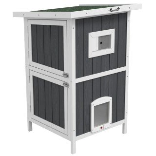 PawHut Katzenhaus aus Holz Outdoor Katzenhütte 2-stöckiges Katzenhöhle mit Balkon, abnehmbarer Bodenplatte, 4 Türen, für 1-2