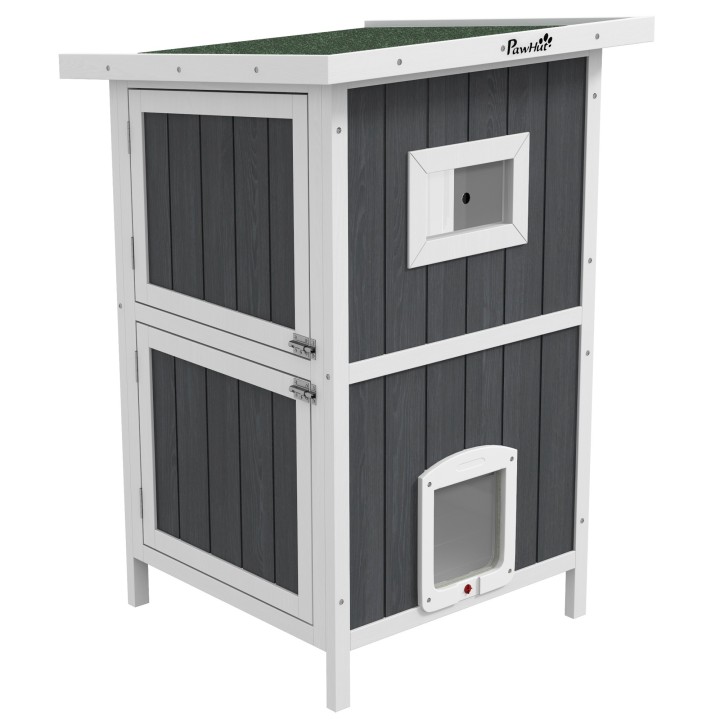 PawHut Katzenhaus aus Holz Outdoor Katzenhütte 2-stöckiges Katzenhöhle mit Balkon, abnehmbarer Bodenplatte, 4 Türen, für 1-2