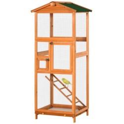 PawHut Vogelkäfig Vogelvoliere aus massivem Holz große Größe 2 Türen Teerdach herausnehmbares Blech - 68 x 63 x 165 cm Orange