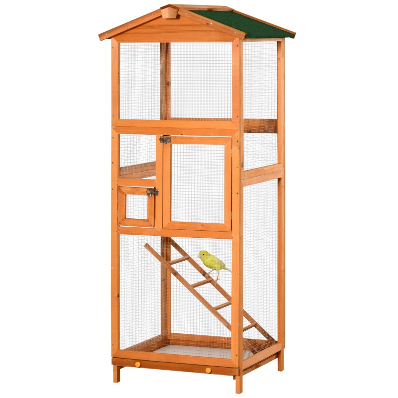 PawHut Vogelkäfig Vogelvoliere aus massivem Holz große Größe 2 Türen Teerdach herausnehmbares Blech - 68 x 63 x 165 cm Orange