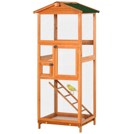 PawHut Vogelkäfig Vogelvoliere aus massivem Holz große Größe 2 Türen Teerdach herausnehmbares Blech - 68 x 63 x 165 cm Orange