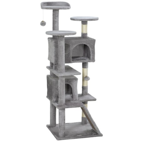 PawHut Katzenbaum Höhe 138 cm, Spielzeugturm für Katzen mit Kratzbrett, Plattformen, 2 Höhlen, Bommeln, Plüschstoff, Mehrstuf