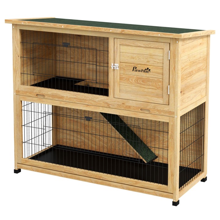 PawHut Kaninchenstall Kaninchenkäfig 2 Etagen mit 3 abschließbaren Türen herausziehbarem Tablett Rampe und Bitumendach Massiv