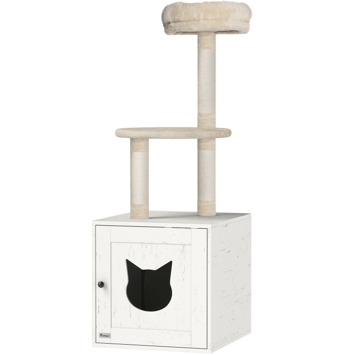 PawHut Katzenbaum mit Katzentoilette, 2-in-1 Spielzeugturm, Katzenhöhle von 129 cm mit Katzenstreuabdeckung, Kratzpfosten, Pl