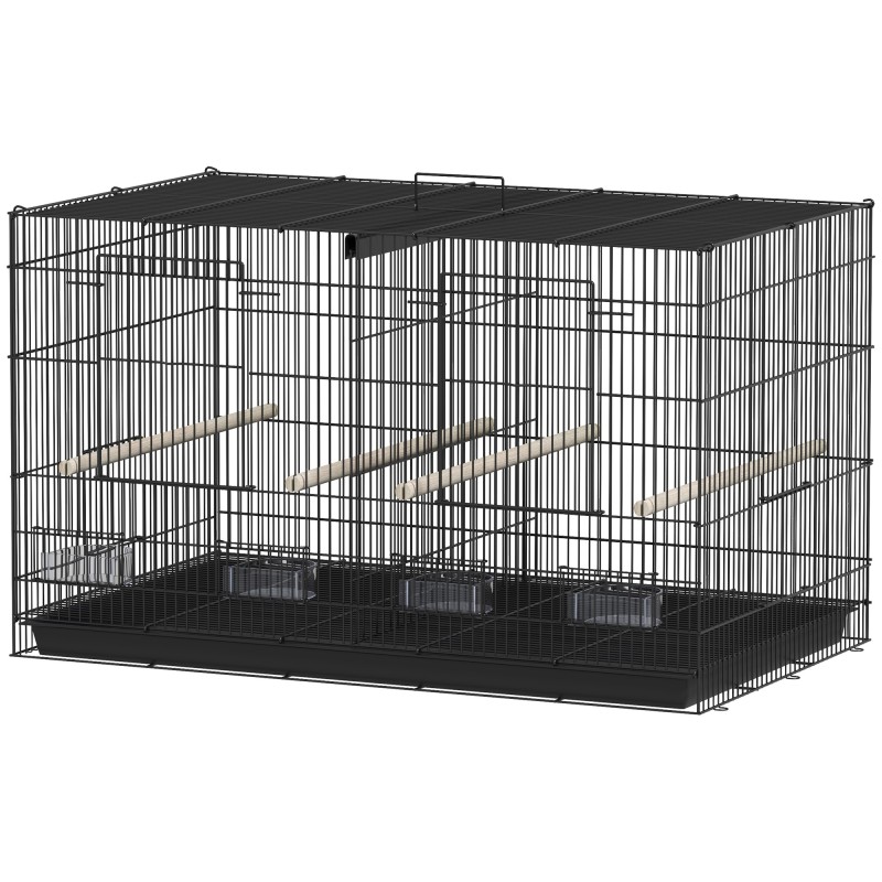 PawHut Vogelkäfig Vogelvoliere aus Stahl innen mit Separator, 4 Holzsitzstangen, herausziehbarem Tablett, 4 Futtertrögen, für