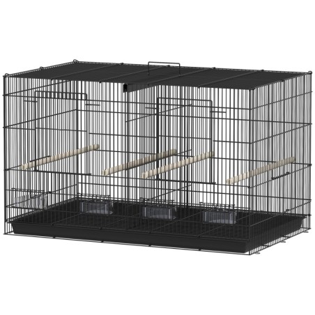 PawHut Vogelkäfig Vogelvoliere aus Stahl innen mit Separator, 4 Holzsitzstangen, herausziehbarem Tablett, 4 Futtertrögen, für