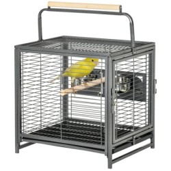 PawHut Vogeltransportkäfig aus Stahl für Papageien, Vogelkäfig mit 2 Edelstahlnäpfen, 2 Holzsitzstangen, herausnehmbarer unte