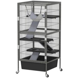 PawHut Käfig für Kleintiere mit 4 Ebenen, Kaninchen- und Frettchenstall mit Rampen, Plattformen und Hängematte, Räder mit Bre