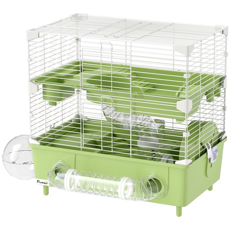 PawHut Hamsterkäfig auf 2 Ebenen und 3 Türen mit Laufrad, Streu und Spielröhren, Käfig für Tiere aus Stahl, PS und PP, 44,5x2