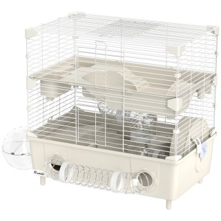 PawHut Hamsterkäfig mit 2 Ebenen und 3 Türen mit Rad, Sandbad und Spielröhren, Käfig für Tiere aus Stahl, PS und PP, 44,5x28x