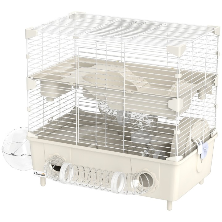 PawHut Hamsterkäfig mit 2 Ebenen und 3 Türen mit Rad, Sandbad und Spielröhren, Käfig für Tiere aus Stahl, PS und PP, 44,5x28x