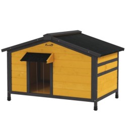PawHut Hundehaus für Draußen Kleine Hundehütte mit Klappbarem Asphaltdach 2 Fenstern mit Türvorhang und herausnehmbarer Basis