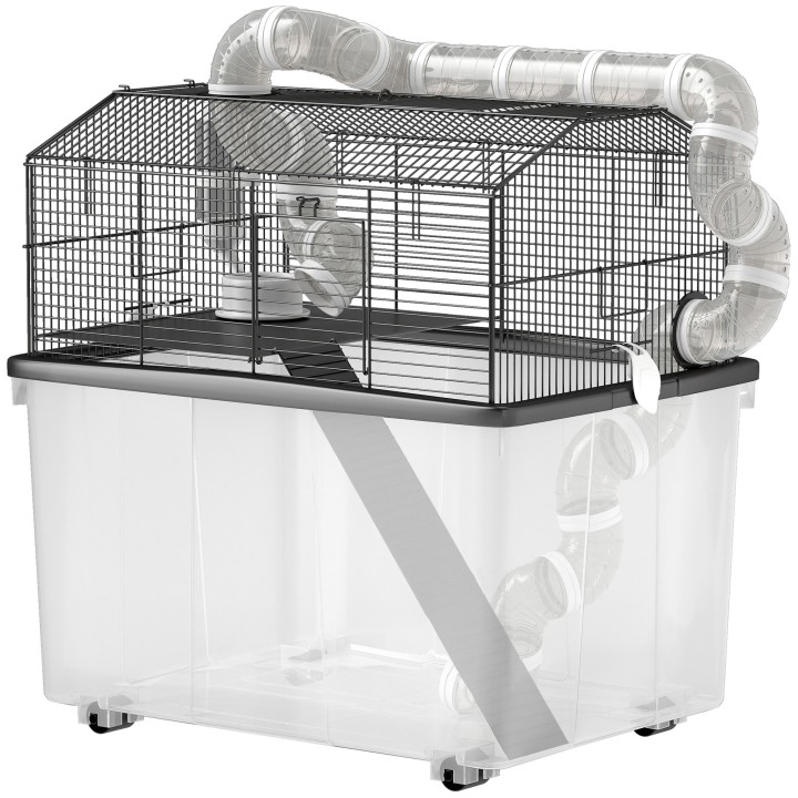 PawHut Hamsterkäfig, Hamsterkäfig mit Rampe, Futternapf, Trinkflasche, Rohrsystem, 58 x 43 x 57 cm, Schwarz   Aosom