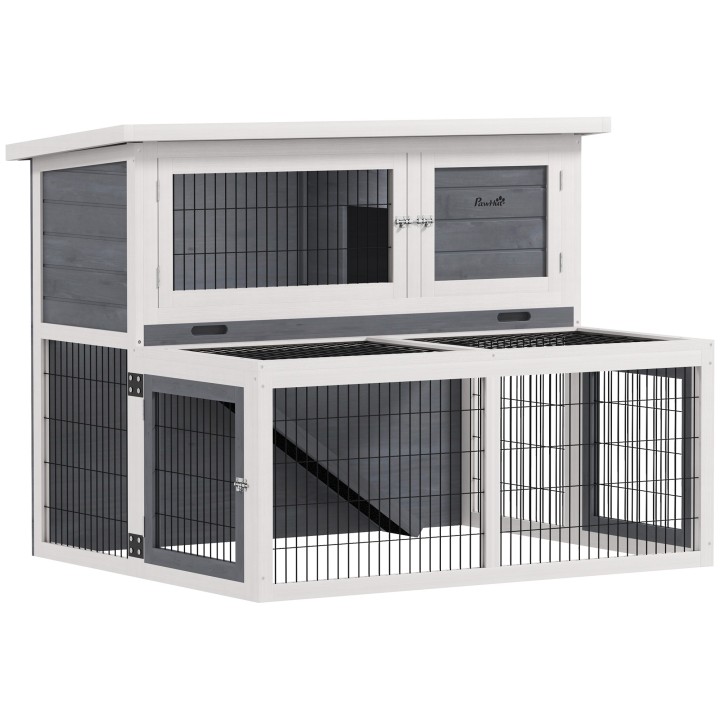 PawHut Kaninchenstall für Drinnen und Draußen, Kaninchenkäfig mit 2 Etagen, für 2-3 Kaninchen mit herausziehbarer Schublade,