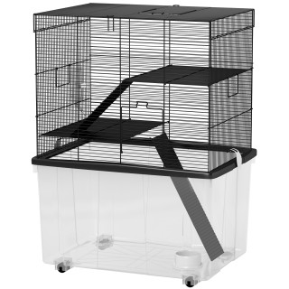 PawHut Hamsterkäfig mit 3 Ebenen und 31 cm tiefer Bodenwanne, mit Rädern, Hamsterhaus mit Rampen, Napf, Trinkflasche, 58x43x7