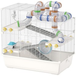 PawHut Hamsterkäfig 78x45x73 cm, 4 Etagen mit Röhren, Rad, 3 Türen und Tablett, Metall, PP und PS, Weiß   Aosom