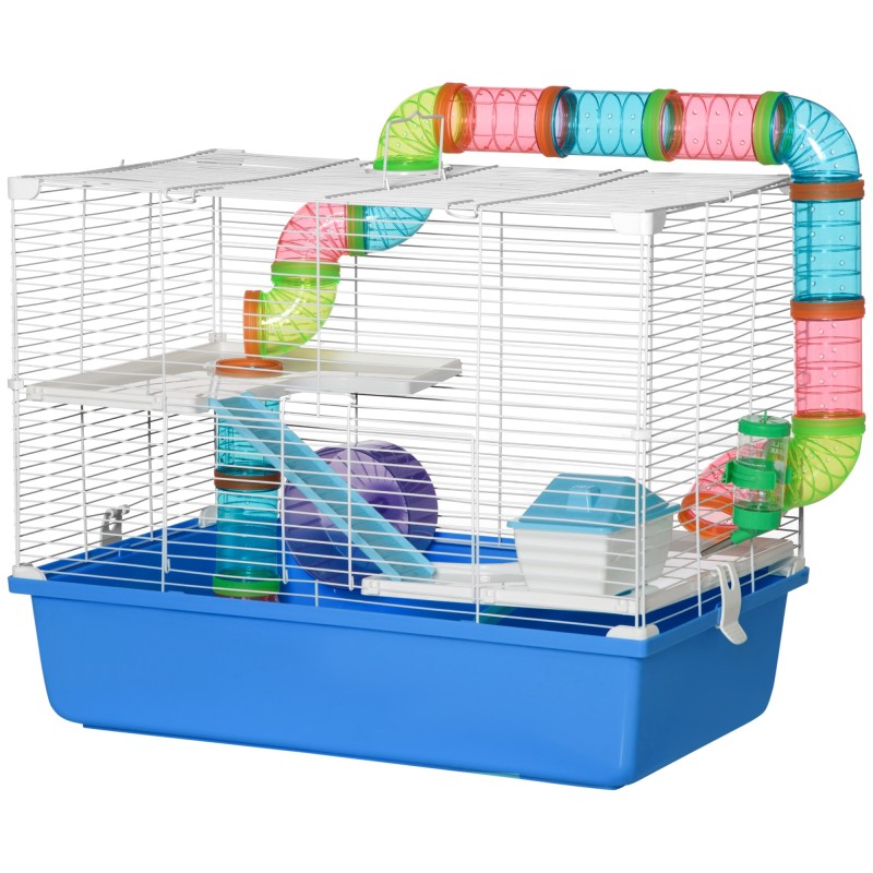 PawHut Hamsterkäfig mit 3 Etagen, Häuschen, Röhren, Wasserbehälter und Laufrad, 59x36x47 cm, Blau und Weiß   Aosom