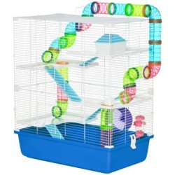 PawHut Hamsterkäfig mit 5 Ebenen, Röhren, Hochhaus, Wassertank, Rampen, Napf, Plattformen und Rad, Nagetierkäfig mit 2 Stahlg