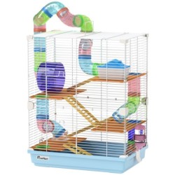 PawHut Hamsterkäfig mit 5 Etagen inkl. Röhren, Rad, Leitern, Häuschen und Flasche, Nagerkäfig aus Metall, PP und PS, 46x30x58