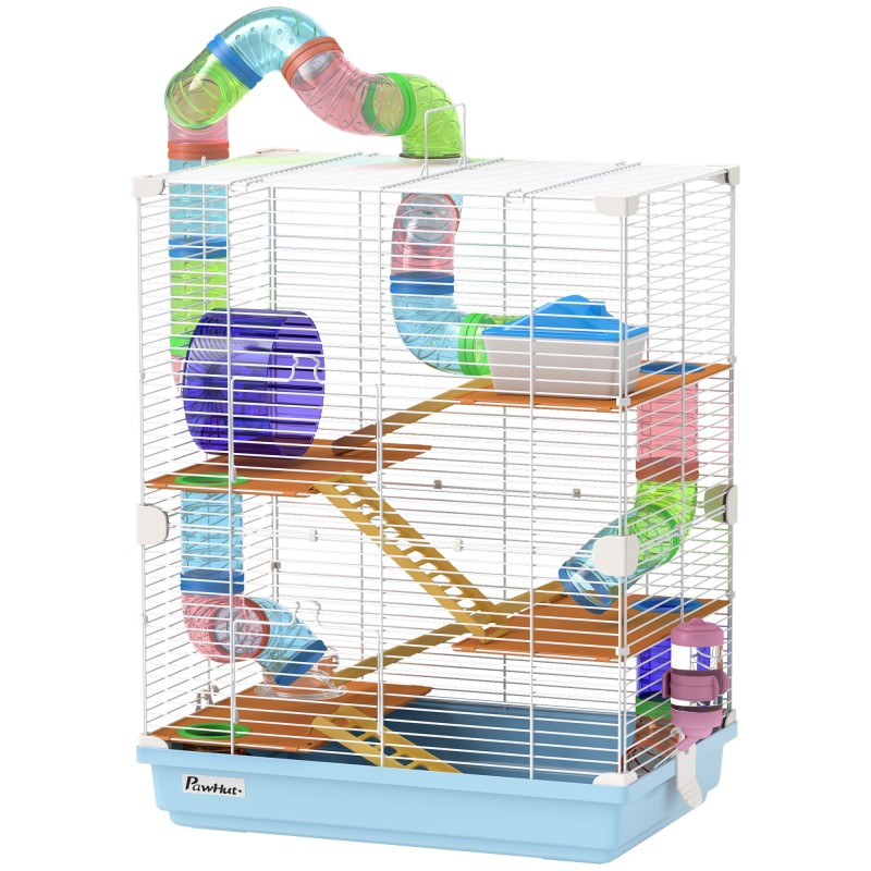 PawHut Hamsterkäfig mit 5 Etagen inkl. Röhren, Rad, Leitern, Häuschen und Flasche, Nagerkäfig aus Metall, PP und PS, 46x30x58
