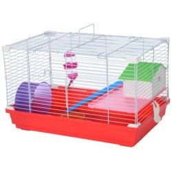PawHut Hamsterkäfig 2 Ebenen aus Metall und PP mit Häuschen, Trinkwassertank, Rad und Näpfen, 47x30x27 cm, Rot und Weiß   Aos