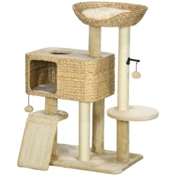 PawHut Katzenbaum mit Katzenhöhle, Podest und Spielball, Katzenturm aus Holz, Polyester, Sisal und PP-Baumwolle, 60x40x95 cm,