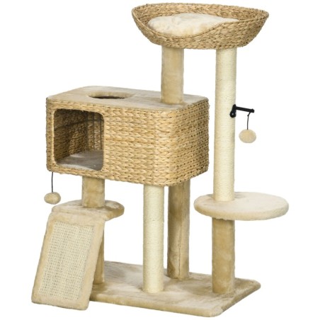 PawHut Katzenbaum mit Katzenhöhle, Podest und Spielball, Katzenturm aus Holz, Polyester, Sisal und PP-Baumwolle, 60x40x95 cm,