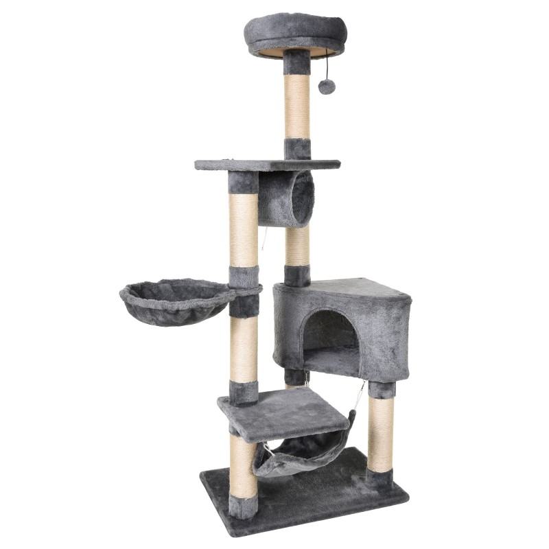 PawHut Kratzbaum für Katzen mit Höhle, Hängematte, schwebenden Betten und Sisal-Kratzpfosten, Grau, 60x40x154cm   Aosom