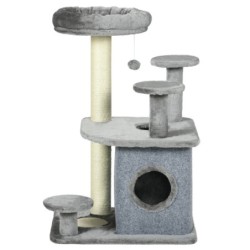 PawHut Kratzbaum für Katzen mit Plattformen, Bett, Häuschen und Sisal-Pfosten, Katzenturm mit Plüschbezug, 60x48x92 cm, Grau