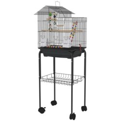 PawHut Vogelkäfig mit Ständer, Vogelvoliere mit Netzregal und 4 schwenkbaren Rollen, Käfig mit Schaukel, Näpfen und Spielzeug