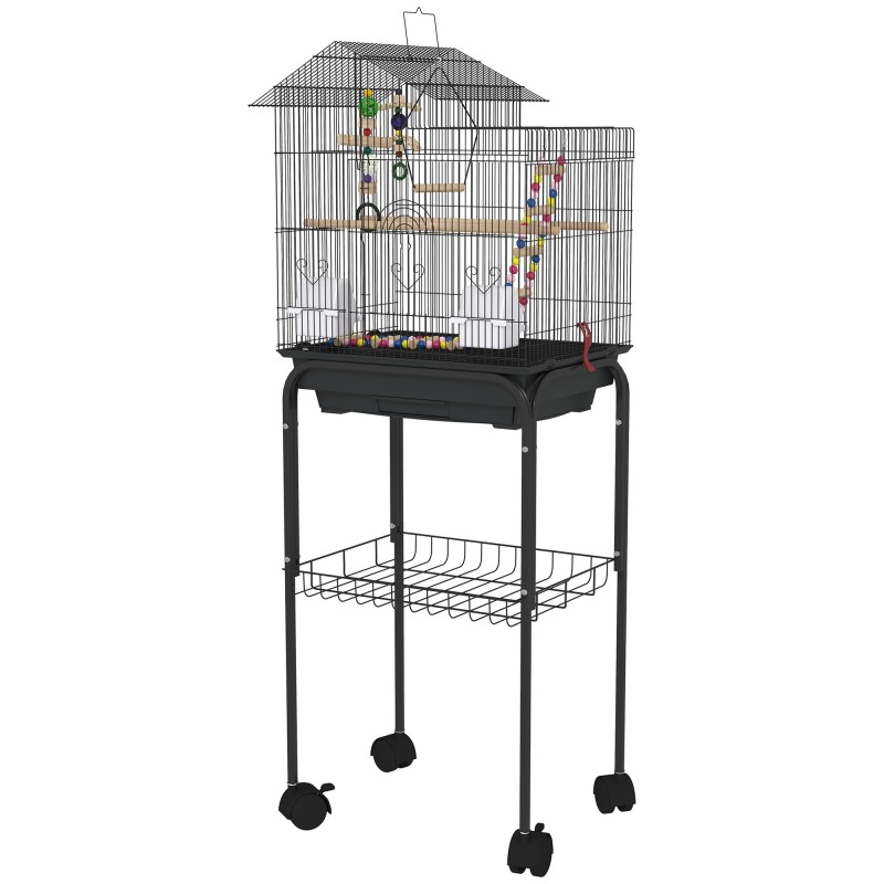 PawHut Vogelkäfig mit Ständer, Vogelvoliere mit Netzregal und 4 schwenkbaren Rollen, Käfig mit Schaukel, Näpfen und Spielzeug