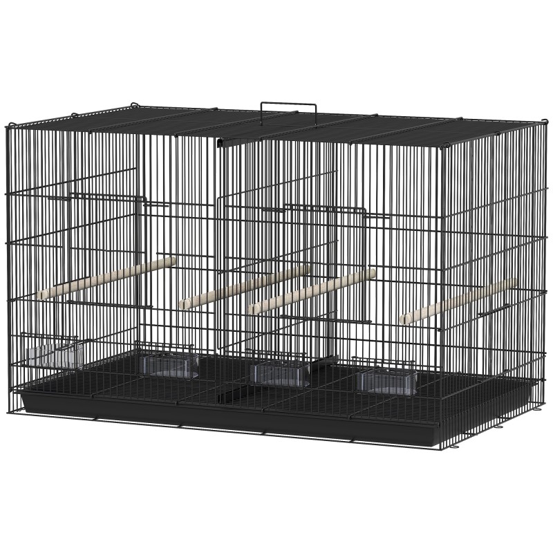 PawHut Vogelkäfig mit Trennwand und unterem Regalboden, Vogelvoliere aus Stahl und PP mit 4 Sitzstangen und 4 Futternäpfen, 9