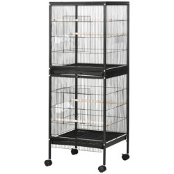 PawHut Vogelkäfig 2 in 1 Voliere für Innenbereich mit 4 Drehbaren Rädern, Herausnehmbaren Schubladen und Kunststoffbehältern,