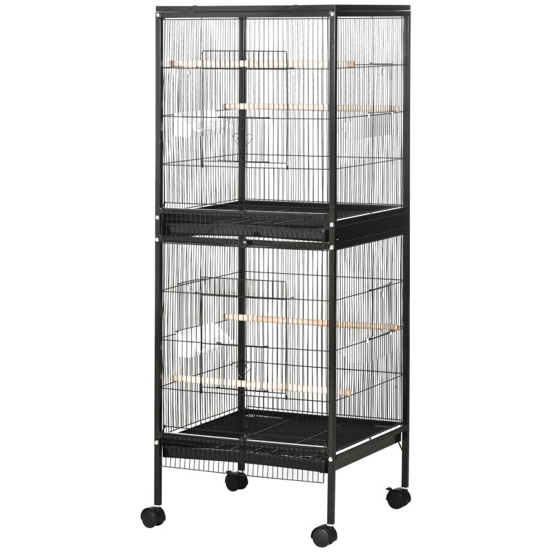 PawHut Vogelkäfig 2 in 1 Voliere für Innenbereich mit 4 Drehbaren Rädern, Herausnehmbaren Schubladen und Kunststoffbehältern,