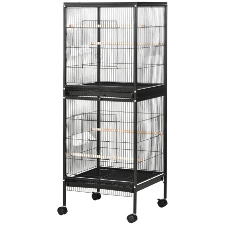 PawHut Vogelkäfig 2 in 1 Voliere für Innenbereich mit 4 Drehbaren Rädern, Herausnehmbaren Schubladen und Kunststoffbehältern,