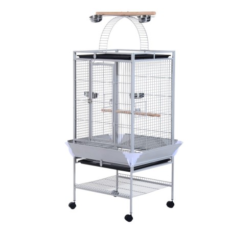 PawHut Vogelkäfig mit Rädern Höhe 161,5 cm, Edelstahlschalen und Holzsitzstangen, Silber   Aosom