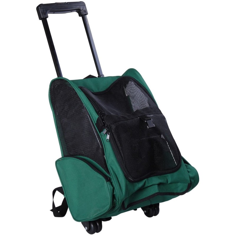 PawHut Transportrucksack 2-in-1 für Hunde und Katzen mit Seitentaschen, Teleskopgriff und Rädern, 42x25x55cm, Grün   Aosom
