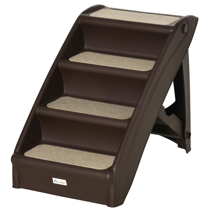 PawHut Hundetreppe mit 4 rutschfesten Stufen, Haustiertreppe bis 10 kg aus PP, 62x38x49.5cm, Dunkelbraun   Aosom