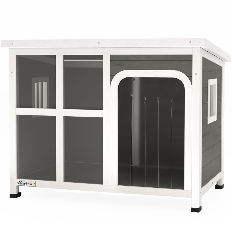 PawHut Hundehütte für kleine und mittelgroße Hunde mit Seitenfenstern und Eingangsvorhang, Hundehütte für den Außenbereich mi