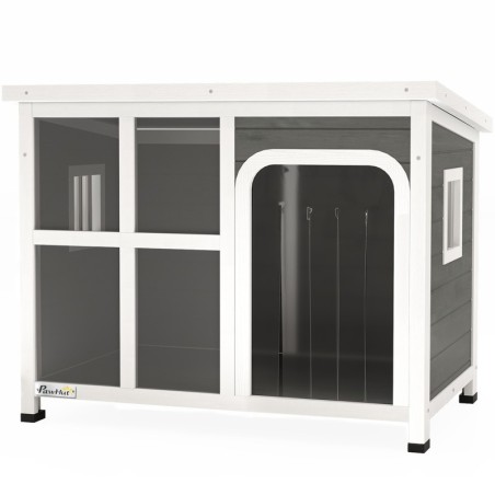 PawHut Hundehütte für kleine und mittelgroße Hunde mit Seitenfenstern und Eingangsvorhang, Hundehütte für den Außenbereich mi
