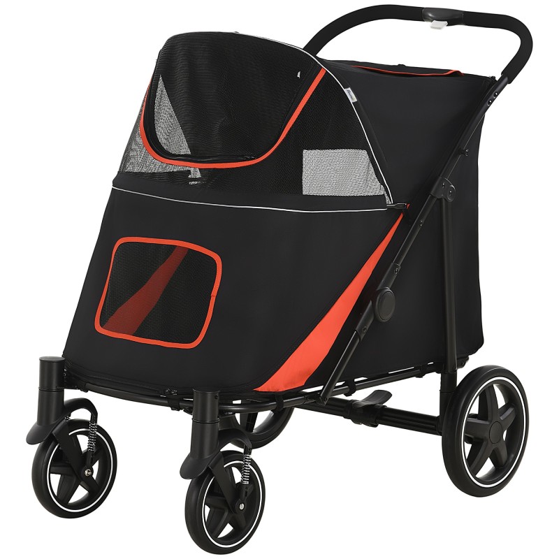 PawHut Hundewagen für große und mittelgroße Hunde Klappbarer 4-Rad-Wagen mit Reißverschlüssen und Netzfenstern, Wagen für Hau